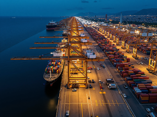 Port loading operation, container ship, multiple vehicles being loaded, dock workers, maritime setting