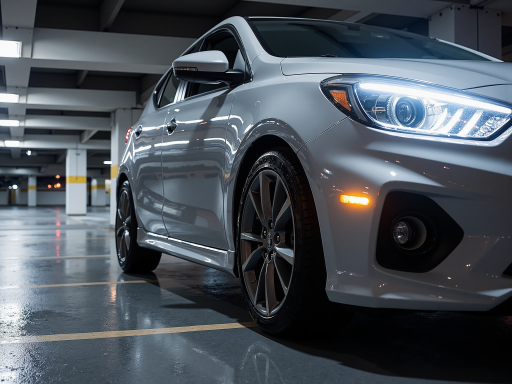Used hatchback, white color, rear view, clean exterior, parking area