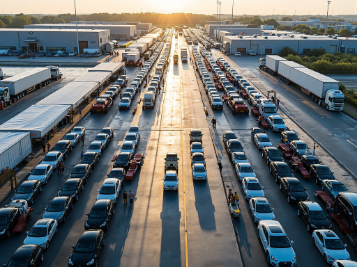 Large outdoor vehicle yard, rows of cars parked, industrial setting, aerial perspective